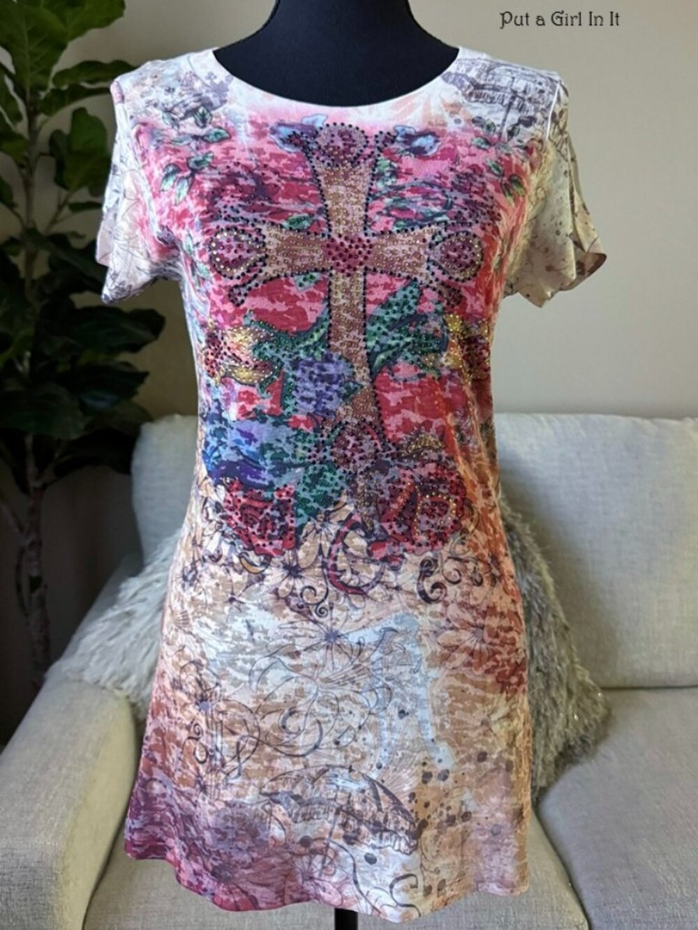 Vocal Apparel Women's Crystal Cross Heart Rose Sublimation Burnout Shirt L XL